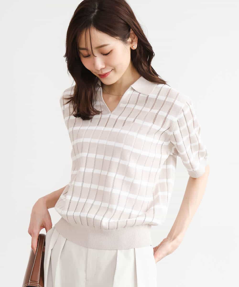 FKFGD54140 MK MICHEL KLEIN(MK ミッシェルクラン) [洗える]衿付きスキッパーデザインニット ベージュ（ボーダー）