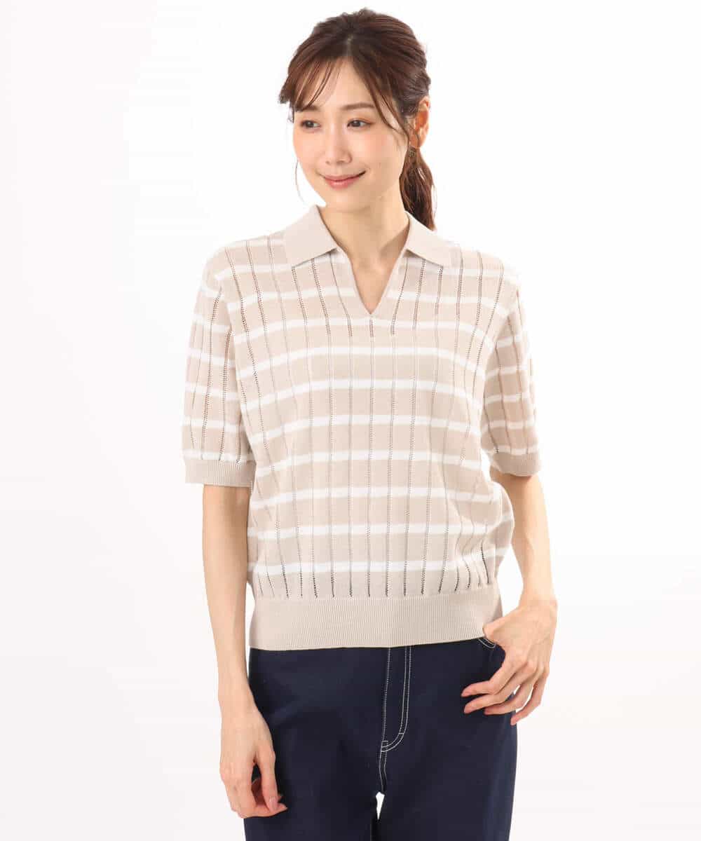 FKFGD54140 MK MICHEL KLEIN(MK ミッシェルクラン) [洗える]衿付きスキッパーデザインニット ベージュ（ボーダー）