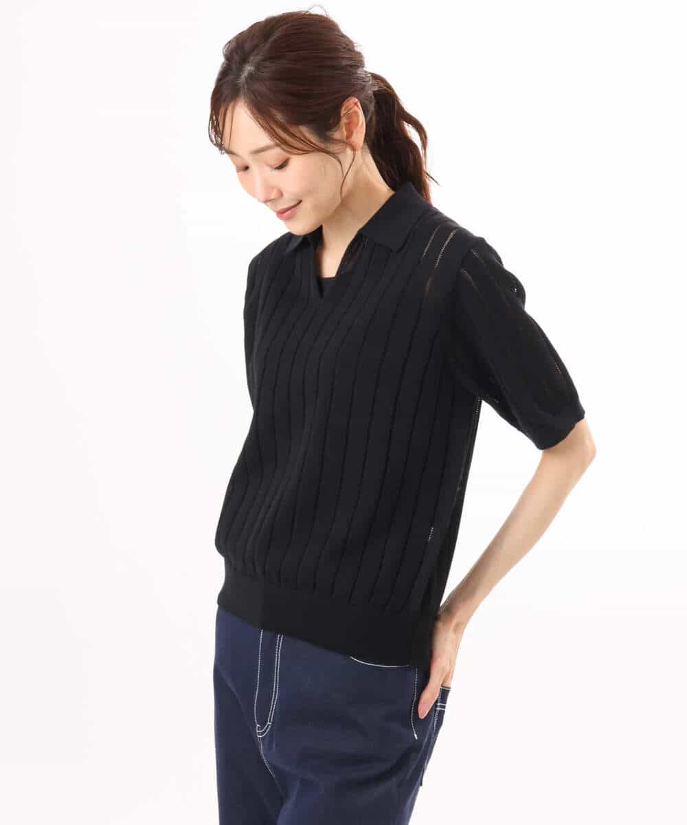 FKFGD54140 MK MICHEL KLEIN(MK ミッシェルクラン) [洗える]衿付きスキッパーデザインニット ベージュ（ボーダー）