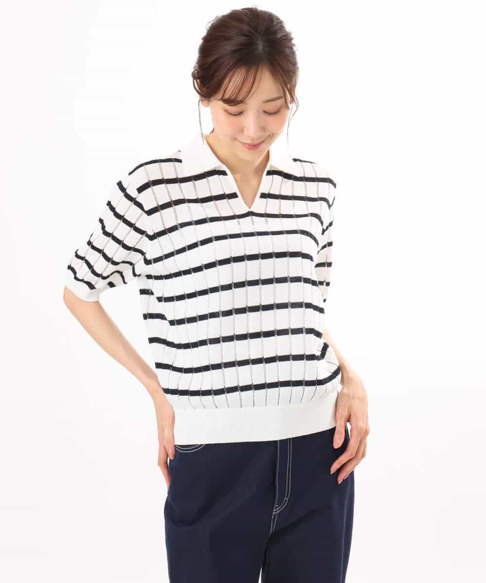 FKFGD54140 MK MICHEL KLEIN(MK ミッシェルクラン) [洗える]衿付きスキッパーデザインニット ベージュ（ボーダー）