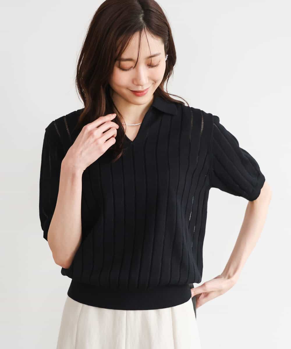 FKFGD54140 MK MICHEL KLEIN(MK ミッシェルクラン) [洗える]衿付きスキッパーデザインニット ブラック（無地）