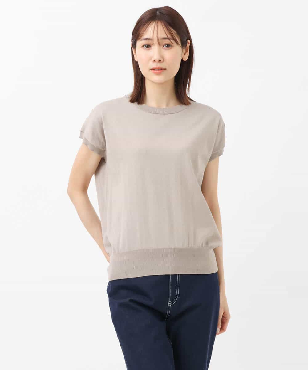 FKFGS28110 MK MICHEL KLEIN(MK ミッシェルクラン) バックパール調釦デザイン半袖ニット/洗える グリーン