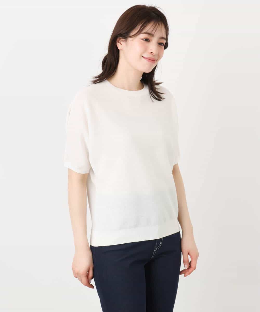 FKFHA51120 MK MICHEL KLEIN(MK ミッシェルクラン) ガーター編み五分袖ニット/洗える ライトブルー