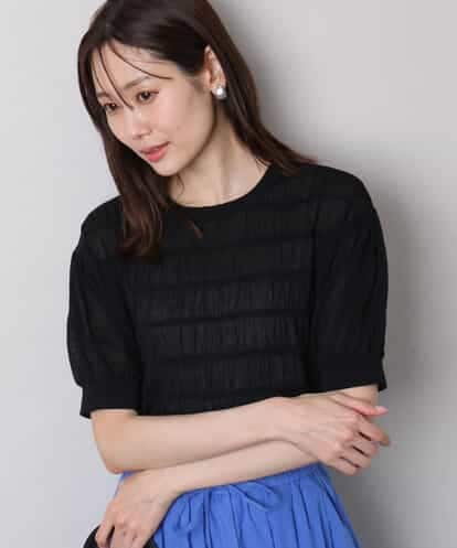 FKFHA61110 MK MICHEL KLEIN シャーリングボーダー五分袖ニット/洗える