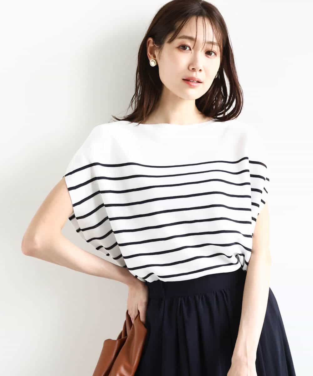 FKFHA62130 MK MICHEL KLEIN(MK ミッシェルクラン) Vネックボーダー柄ニット/UVカット/洗える ブルー