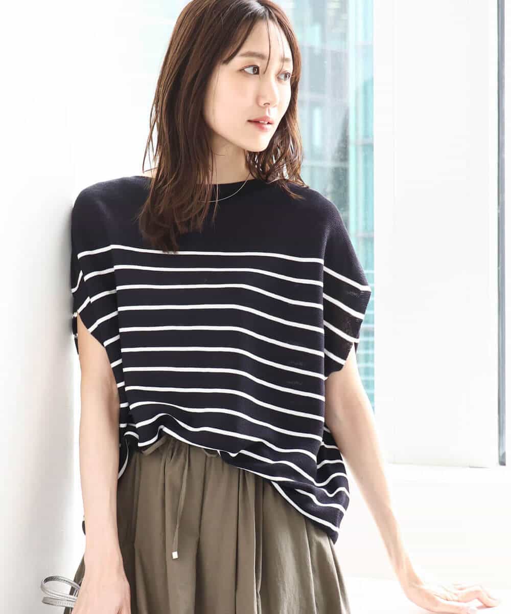 FKFHA62130 MK MICHEL KLEIN(MK ミッシェルクラン) Vネックボーダー柄ニット/UVカット/洗える ブルー