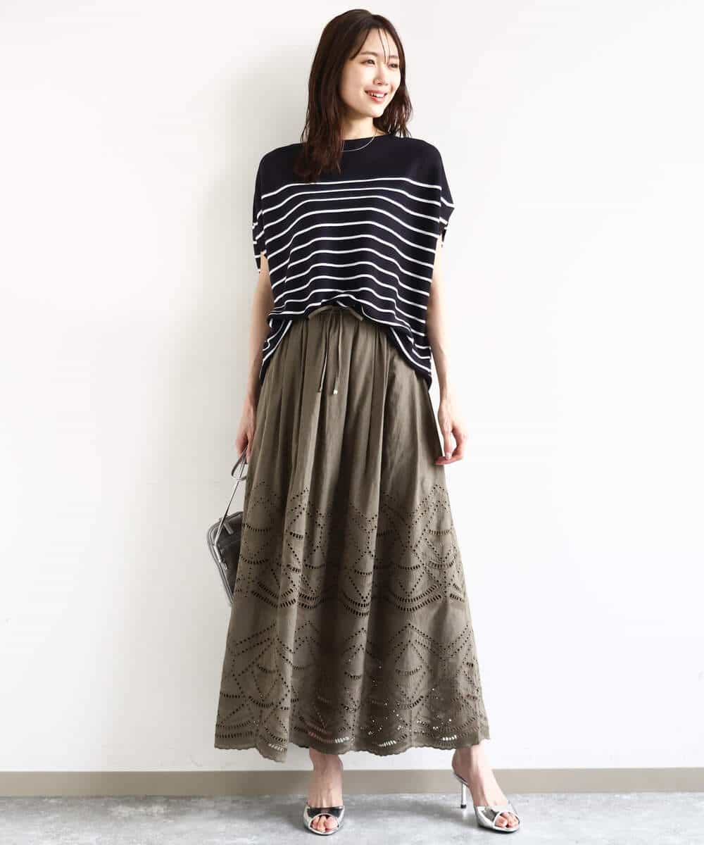 FKFHA62130 MK MICHEL KLEIN(MK ミッシェルクラン) Vネックボーダー柄ニット/UVカット/洗える ブルー