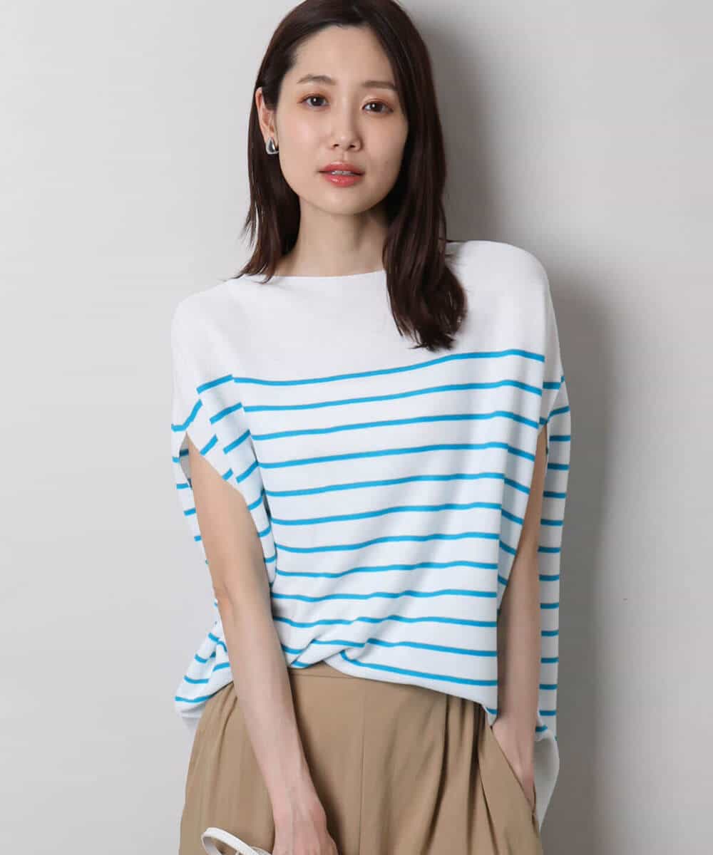 FKFHA62130 MK MICHEL KLEIN(MK ミッシェルクラン) Vネックボーダー柄ニット/UVカット/洗える ブルー