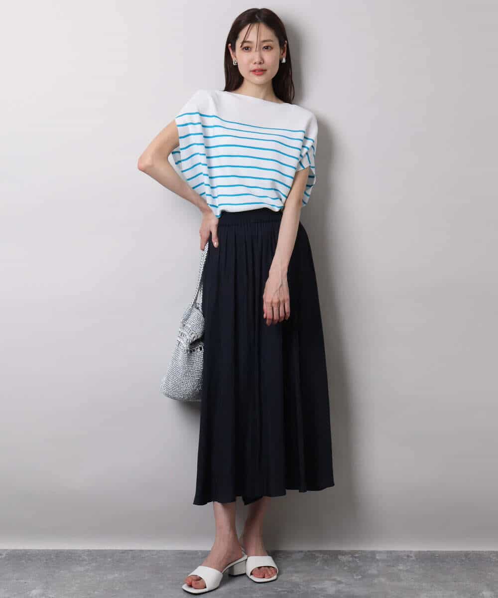 FKFHA62130 MK MICHEL KLEIN(MK ミッシェルクラン) Vネックボーダー柄ニット/UVカット/洗える ブルー