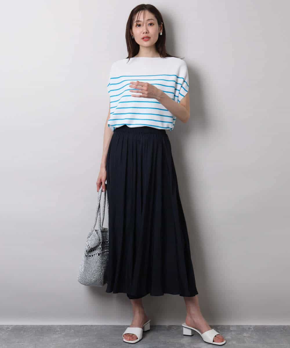 FKFHA62130 MK MICHEL KLEIN(MK ミッシェルクラン) Vネックボーダー柄ニット/UVカット/洗える ブルー