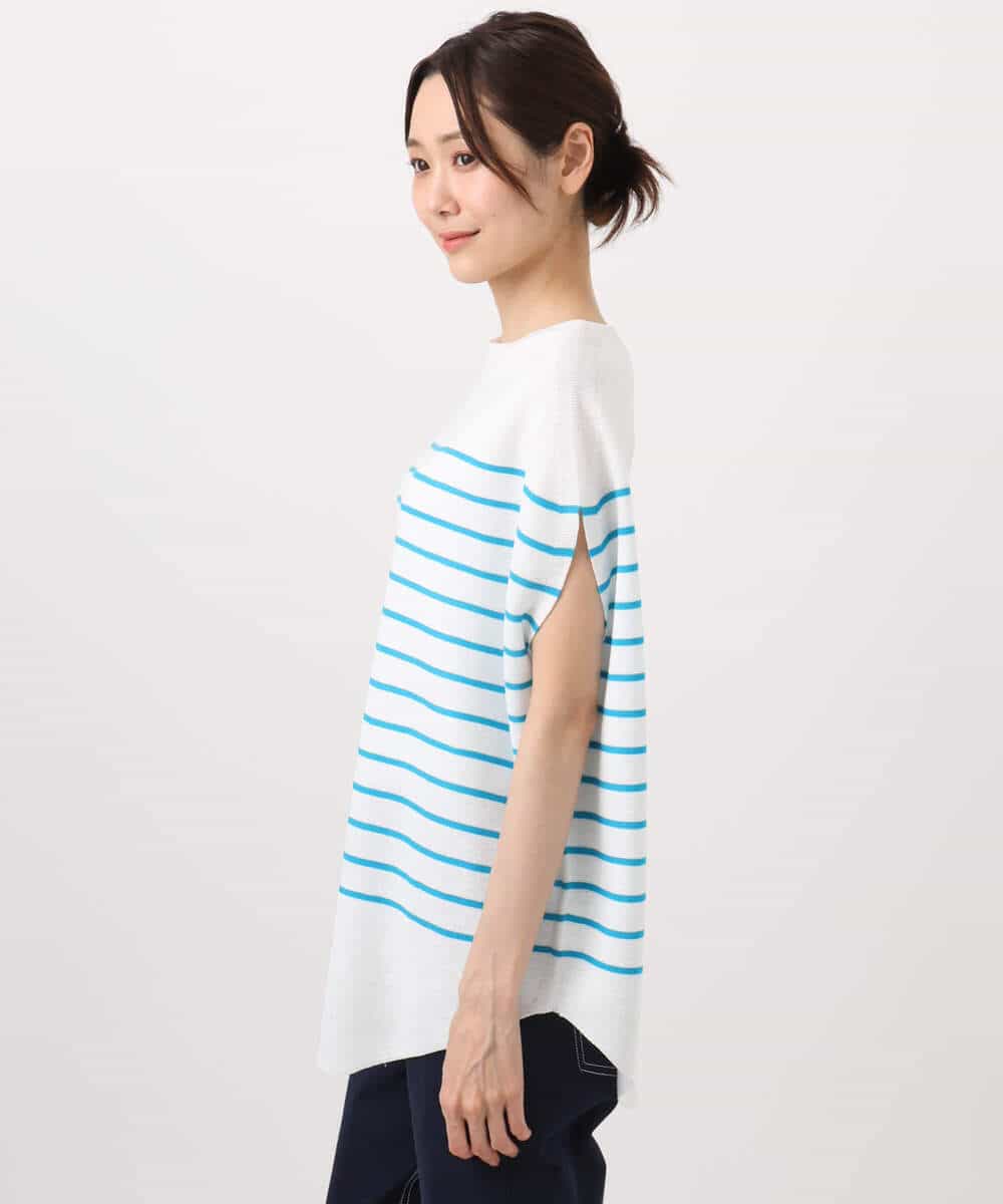 FKFHA62130 MK MICHEL KLEIN(MK ミッシェルクラン) Vネックボーダー柄ニット/UVカット/洗える ブルー