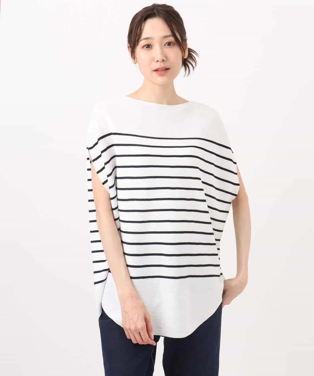 FKFHA62130 MK MICHEL KLEIN(MK ミッシェルクラン) Vネックボーダー柄ニット/UVカット/洗える ブルー