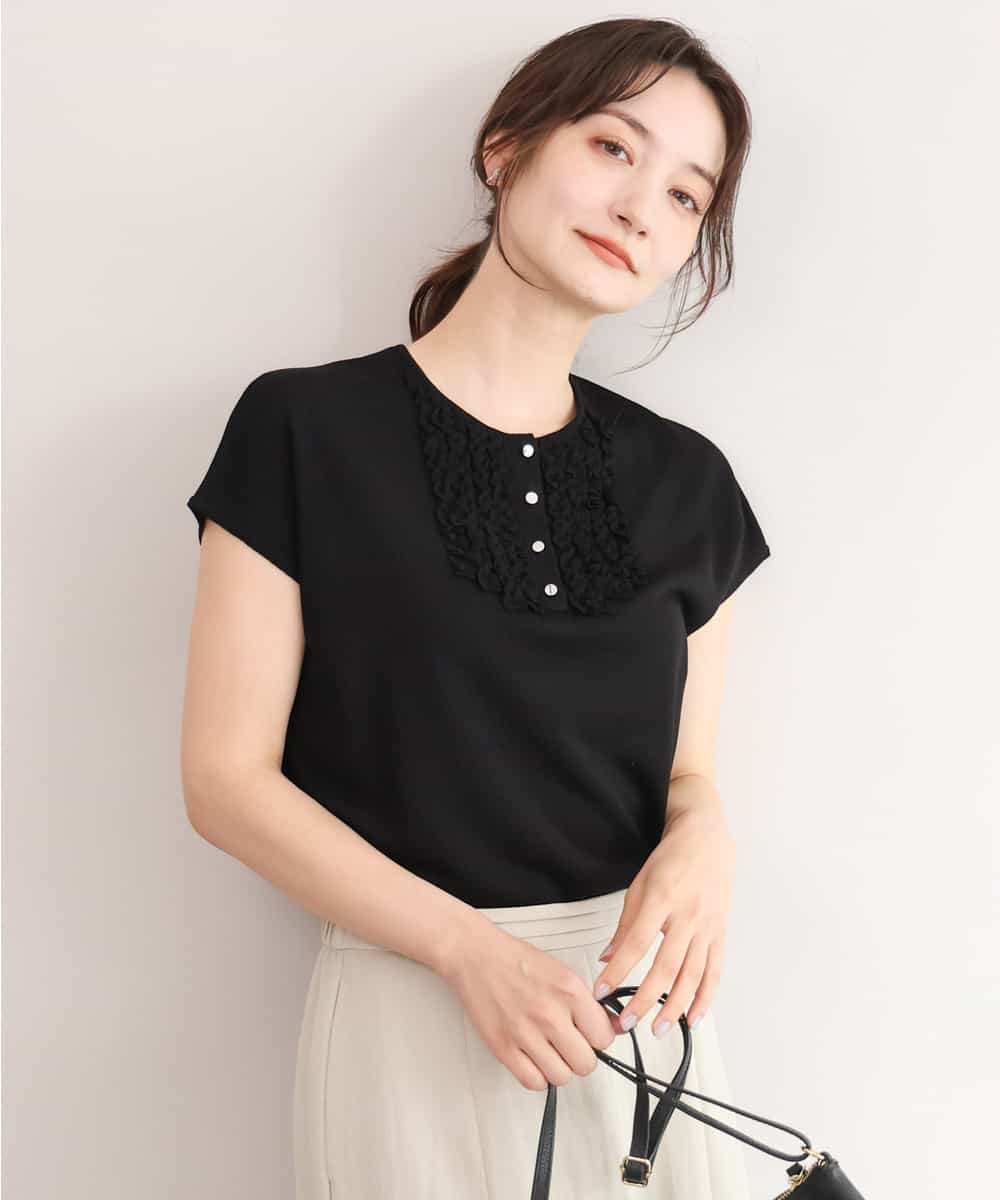 FKFID70140 MK MICHEL KLEIN(MK ミッシェルクラン) [接触冷感/洗える]ミニフリル フレンチスリーブニット ブラック