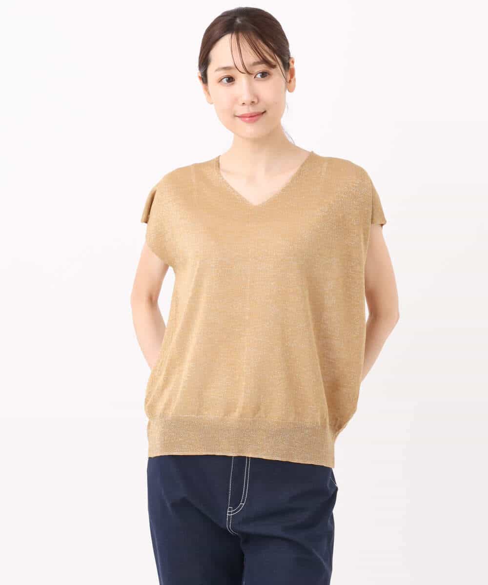 FKFJA70120 MK MICHEL KLEIN(MK ミッシェルクラン) フレンチスリーブラメニット/洗える キャメル