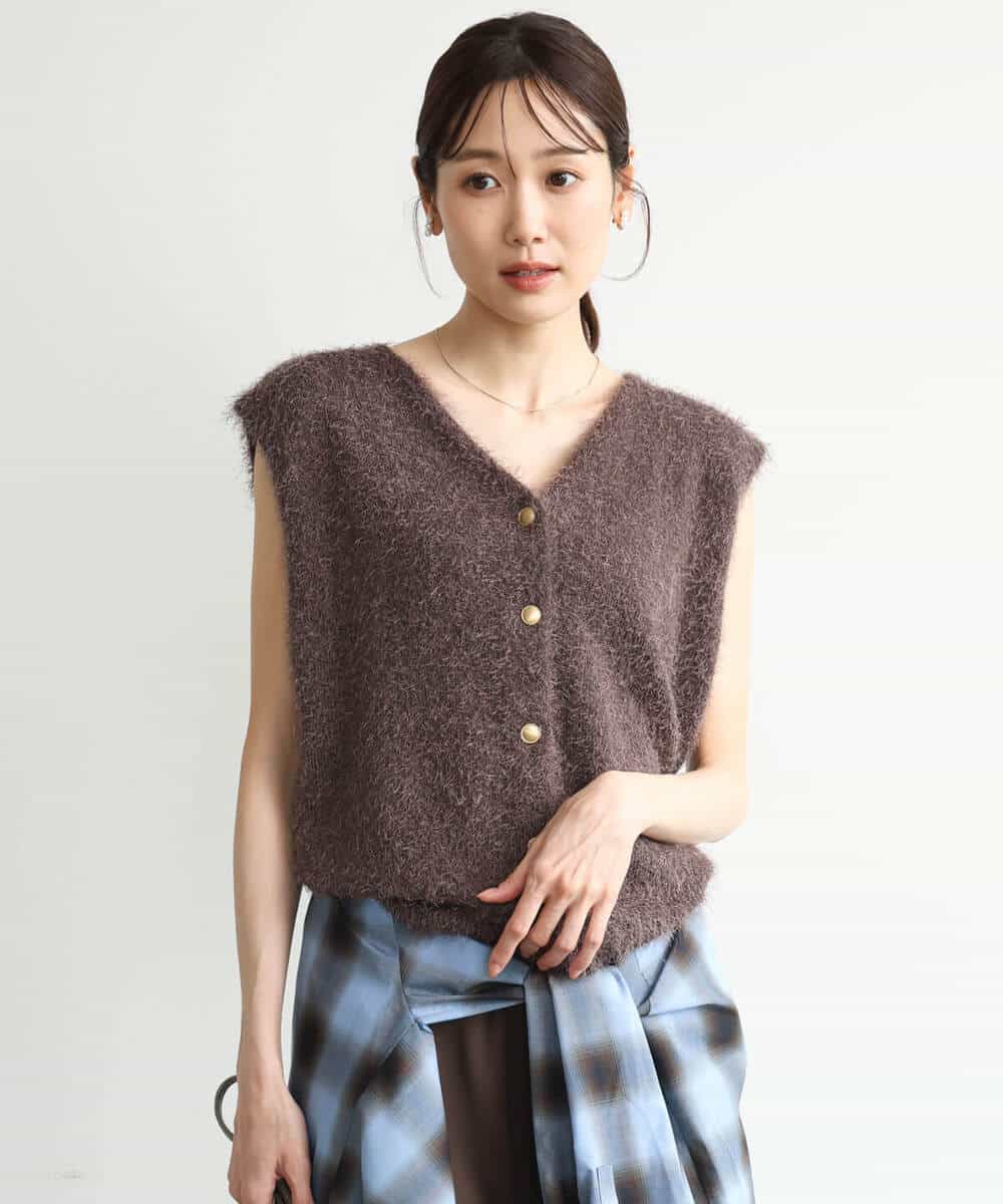 FKFJD22120 MK MICHEL KLEIN(MK ミッシェルクラン) [洗える]前後2wayシャギーニットジレ ピンクグレージュ