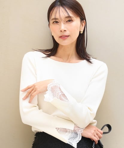 FKFJD31130 MK MICHEL KLEIN [洗える]袖レースデザインリブニット
