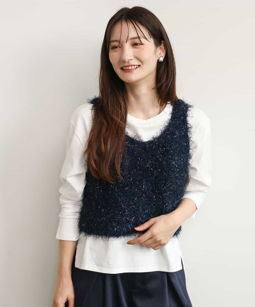 FKFJD33070 MK MICHEL KLEIN(MK ミッシェルクラン) [洗える/前後2way]ラメフェザーヤーンニットジレ ネイビー