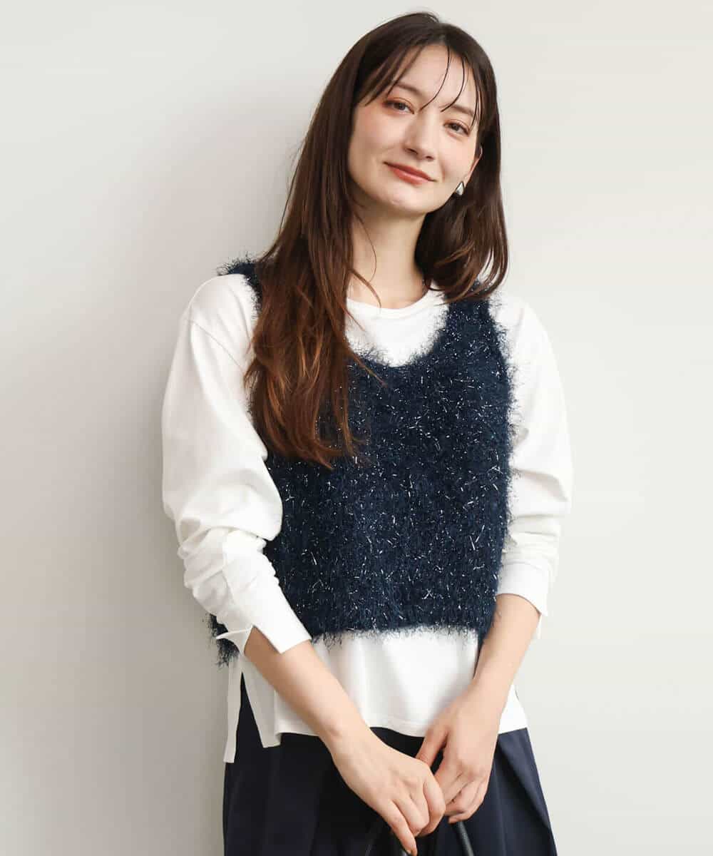 FKFJD33070 MK MICHEL KLEIN(MK ミッシェルクラン) [洗える/前後2way]ラメフェザーヤーンニットジレ ネイビー