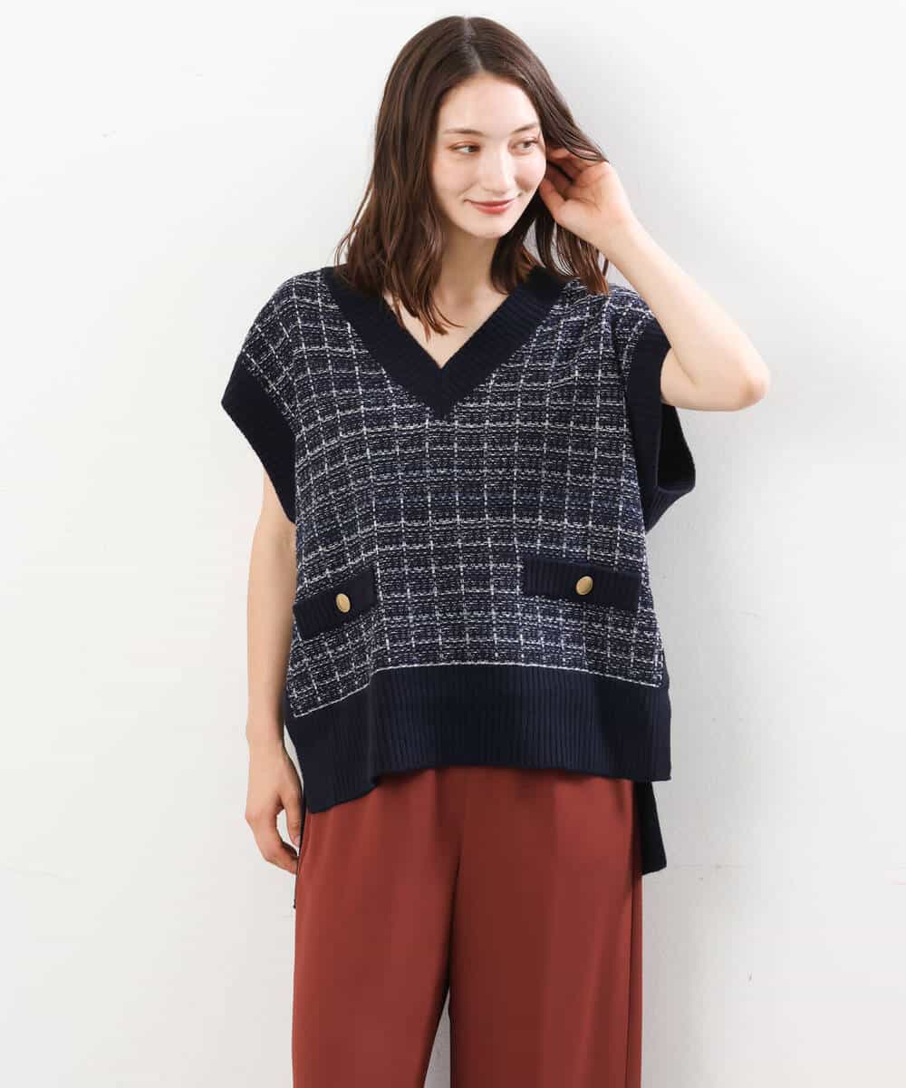 FKFJS38130 MK MICHEL KLEIN(MK ミッシェルクラン) ツイード調Vネックニットベスト/洗える ベージュ