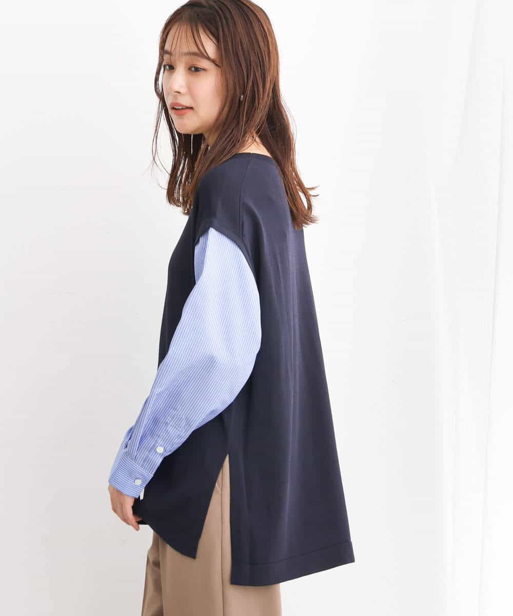 FKFJS40140 MK MICHEL KLEIN(MK ミッシェルクラン) ストライプスリーブレイヤードニット/洗える ネイビー