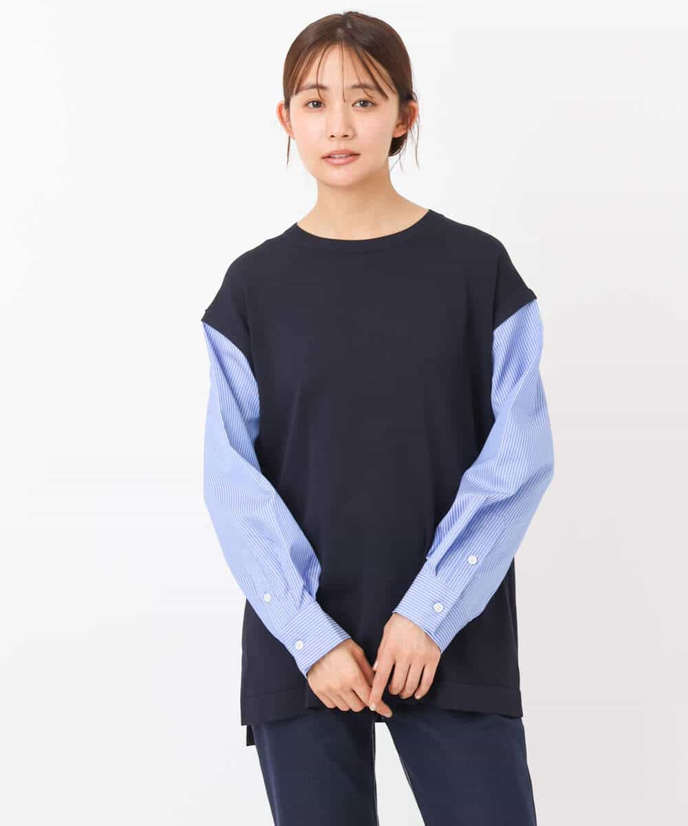 FKFJS40140 MK MICHEL KLEIN(MK ミッシェルクラン) ストライプスリーブレイヤードニット/洗える ネイビー
