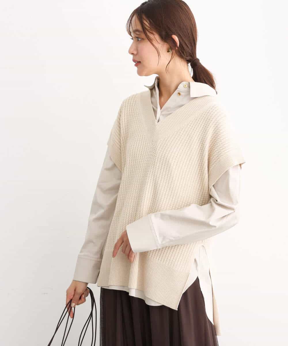 FKFJS46120 MK MICHEL KLEIN(MK ミッシェルクラン) ケーブル柄Vネックニットベスト/洗える ベージュ