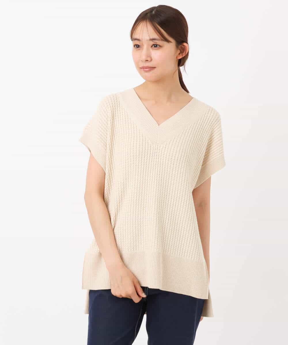 FKFJS46120 MK MICHEL KLEIN(MK ミッシェルクラン) ケーブル柄Vネックニットベスト/洗える ベージュ