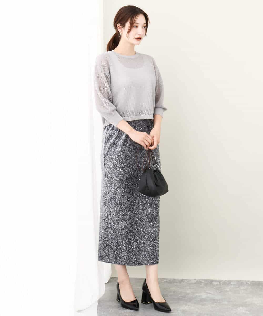 FKFJV24125 MK MICHEL KLEIN(MK ミッシェルクラン) スパンコールメッシュニット/洗える ネイビー