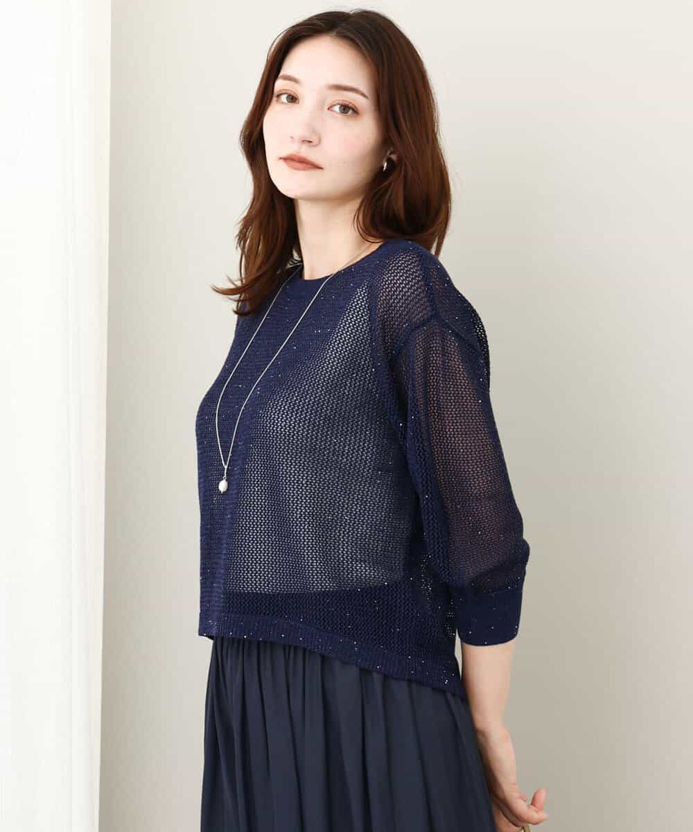 FKFJV24125 MK MICHEL KLEIN(MK ミッシェルクラン) スパンコールメッシュニット/洗える ネイビー
