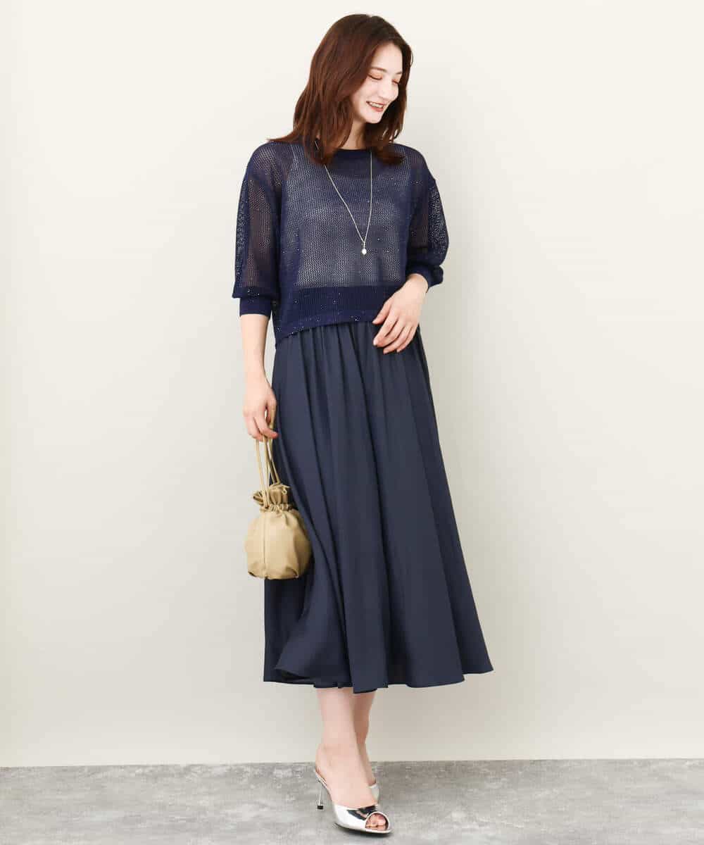 FKFJV24125 MK MICHEL KLEIN(MK ミッシェルクラン) スパンコールメッシュニット/洗える ネイビー