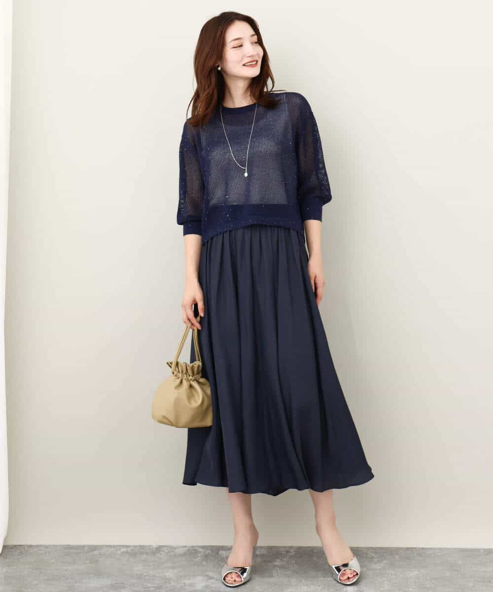 FKFJV24125 MK MICHEL KLEIN(MK ミッシェルクラン) スパンコールメッシュニット/洗える ネイビー