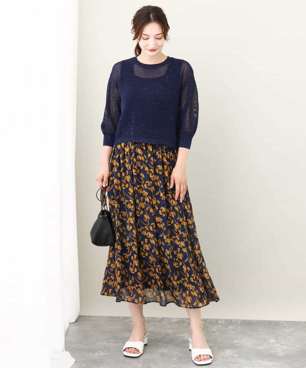 FKFJV24125 MK MICHEL KLEIN(MK ミッシェルクラン) スパンコールメッシュニット/洗える ネイビー