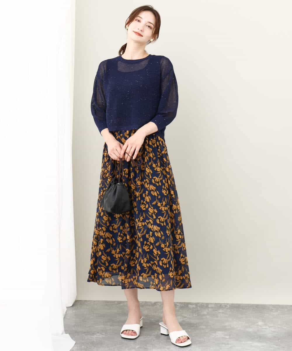 FKFJV24125 MK MICHEL KLEIN(MK ミッシェルクラン) スパンコールメッシュニット/洗える ネイビー