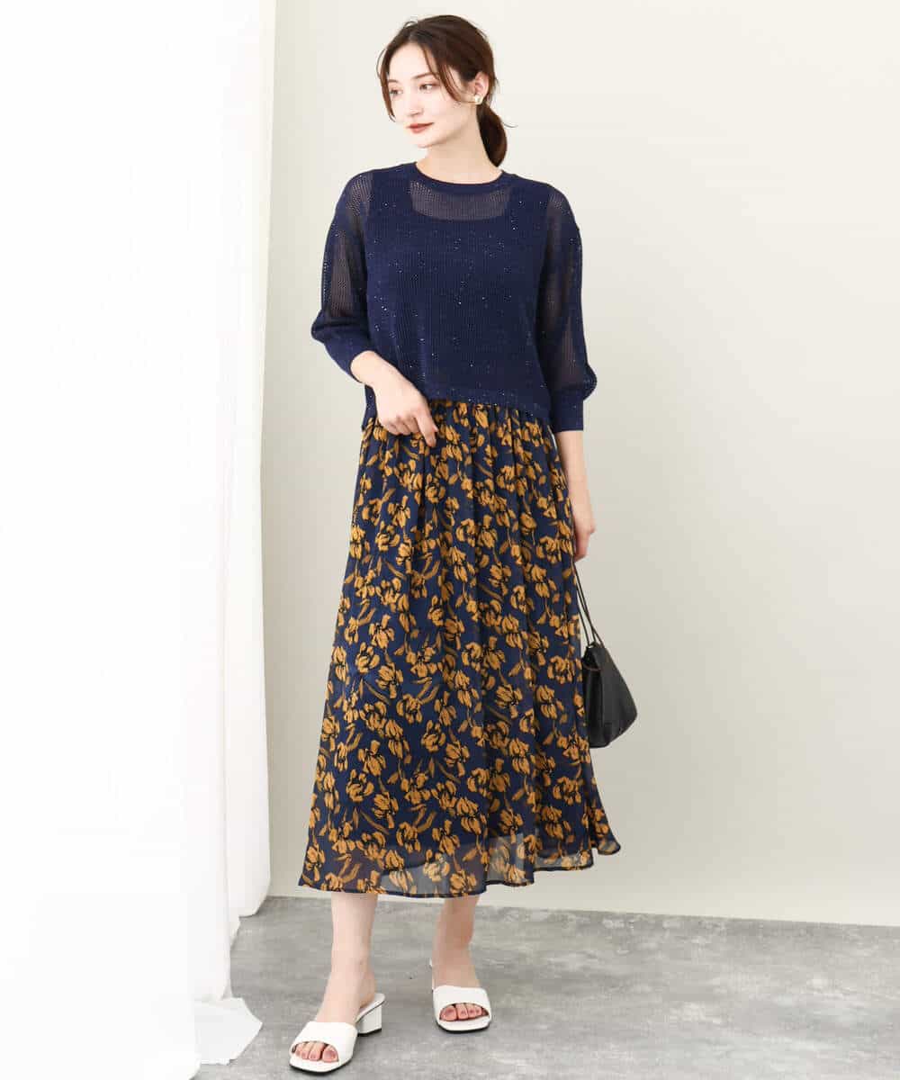 FKFJV24125 MK MICHEL KLEIN(MK ミッシェルクラン) スパンコールメッシュニット/洗える ネイビー