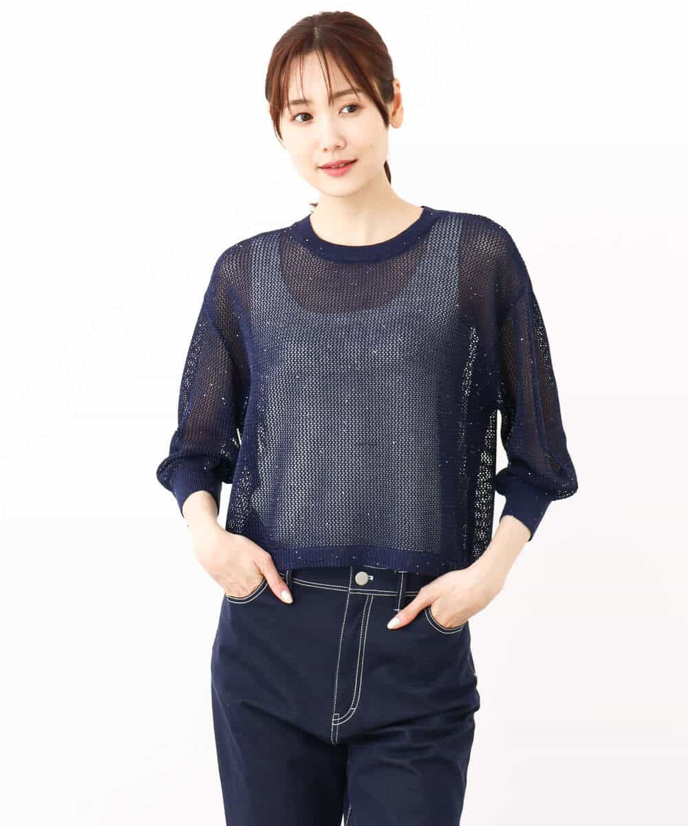 FKFJV24125 MK MICHEL KLEIN(MK ミッシェルクラン) スパンコールメッシュニット/洗える ネイビー