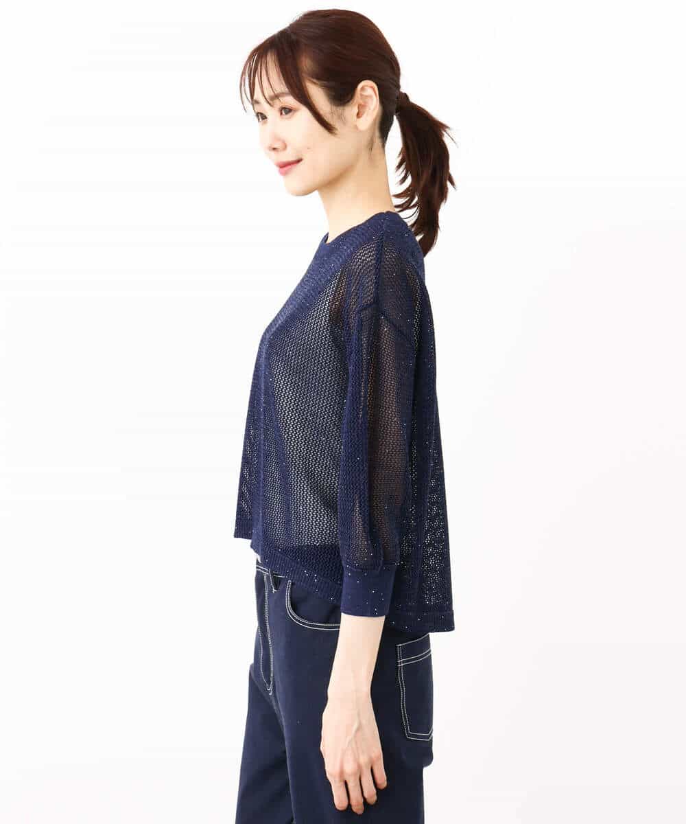 FKFJV24125 MK MICHEL KLEIN(MK ミッシェルクラン) スパンコールメッシュニット/洗える ネイビー
