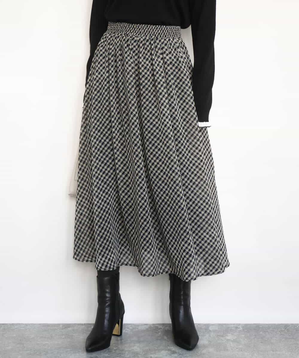 FKHAD04140 MK MICHEL KLEIN(MK ミッシェルクラン) チェック柄シフォンスカート/洗える ブラック