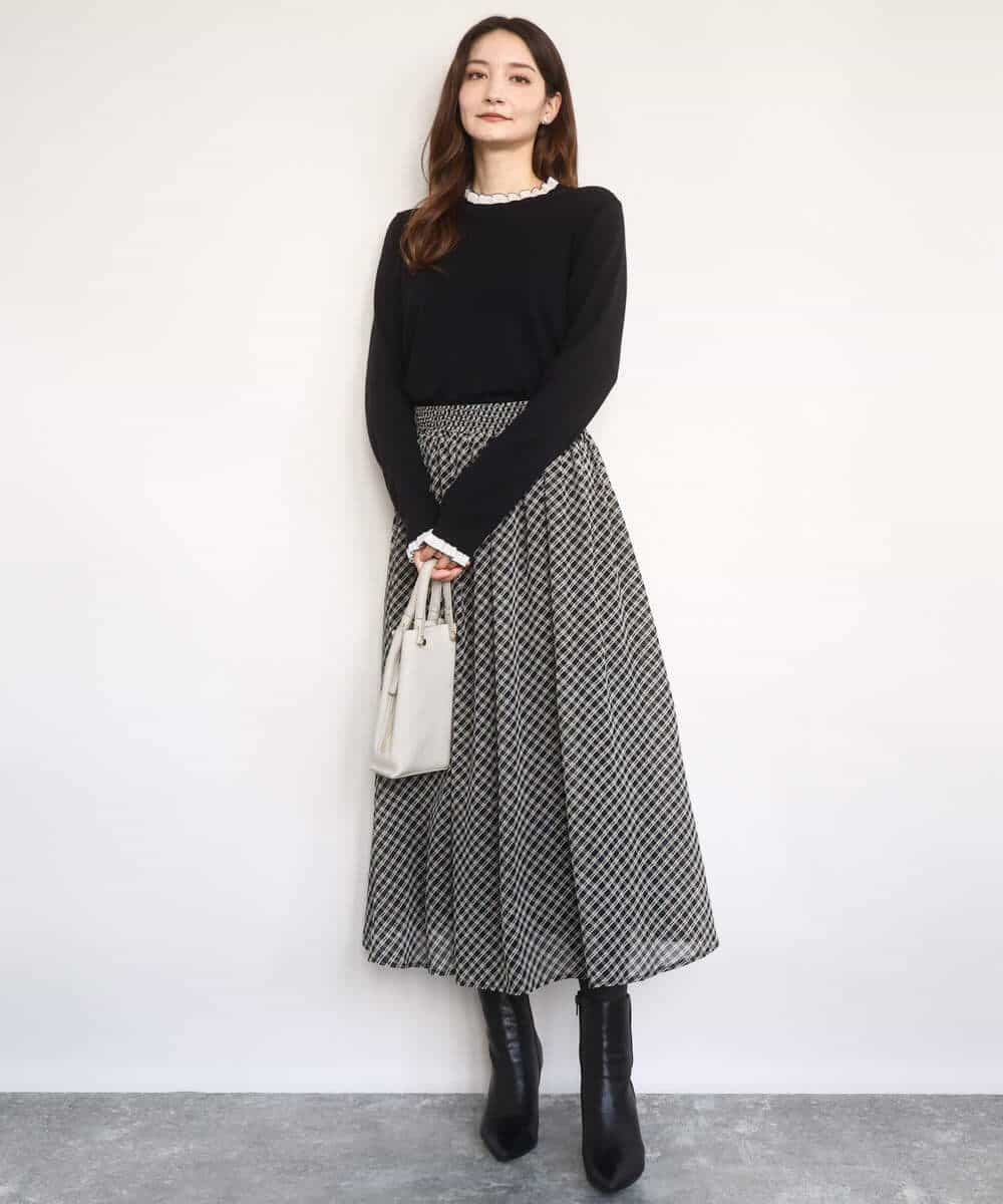 FKHAD04140 MK MICHEL KLEIN(MK ミッシェルクラン) チェック柄シフォンスカート/洗える ブラック