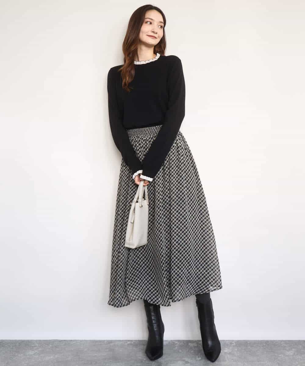 FKHAD04140 MK MICHEL KLEIN(MK ミッシェルクラン) チェック柄シフォンスカート/洗える ブラック
