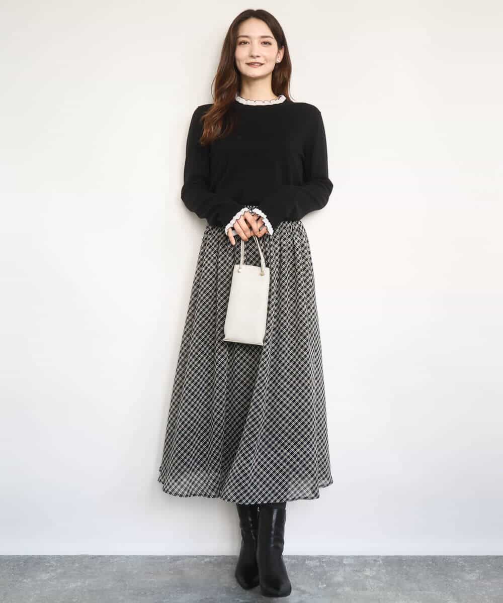 FKHAD04140 MK MICHEL KLEIN(MK ミッシェルクラン) チェック柄シフォンスカート/洗える ブラック