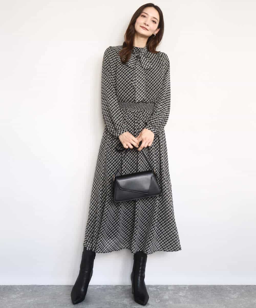 FKHAD04140 MK MICHEL KLEIN(MK ミッシェルクラン) チェック柄シフォンスカート/洗える ブラック
