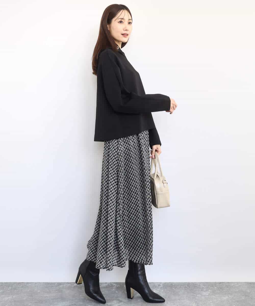 FKHAD04140 MK MICHEL KLEIN(MK ミッシェルクラン) チェック柄シフォンスカート/洗える ブラック