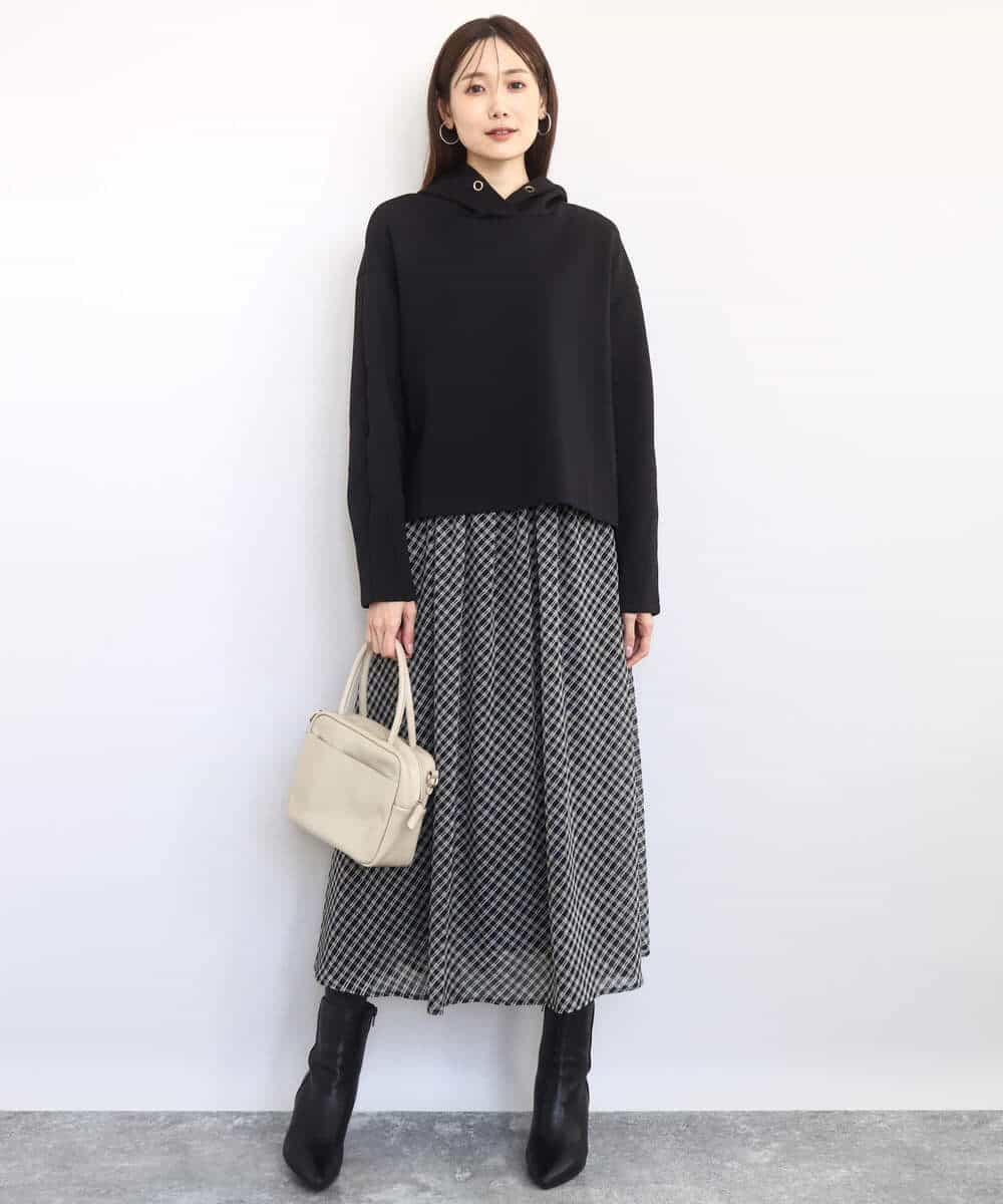 FKHAD04140 MK MICHEL KLEIN(MK ミッシェルクラン) チェック柄シフォンスカート/洗える ブラック