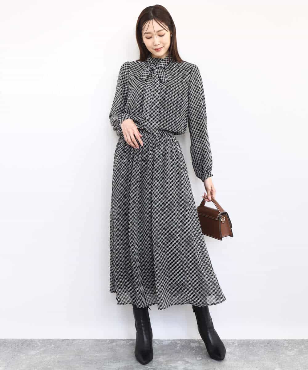 FKHAD04140 MK MICHEL KLEIN(MK ミッシェルクラン) チェック柄シフォンスカート/洗える ブラック