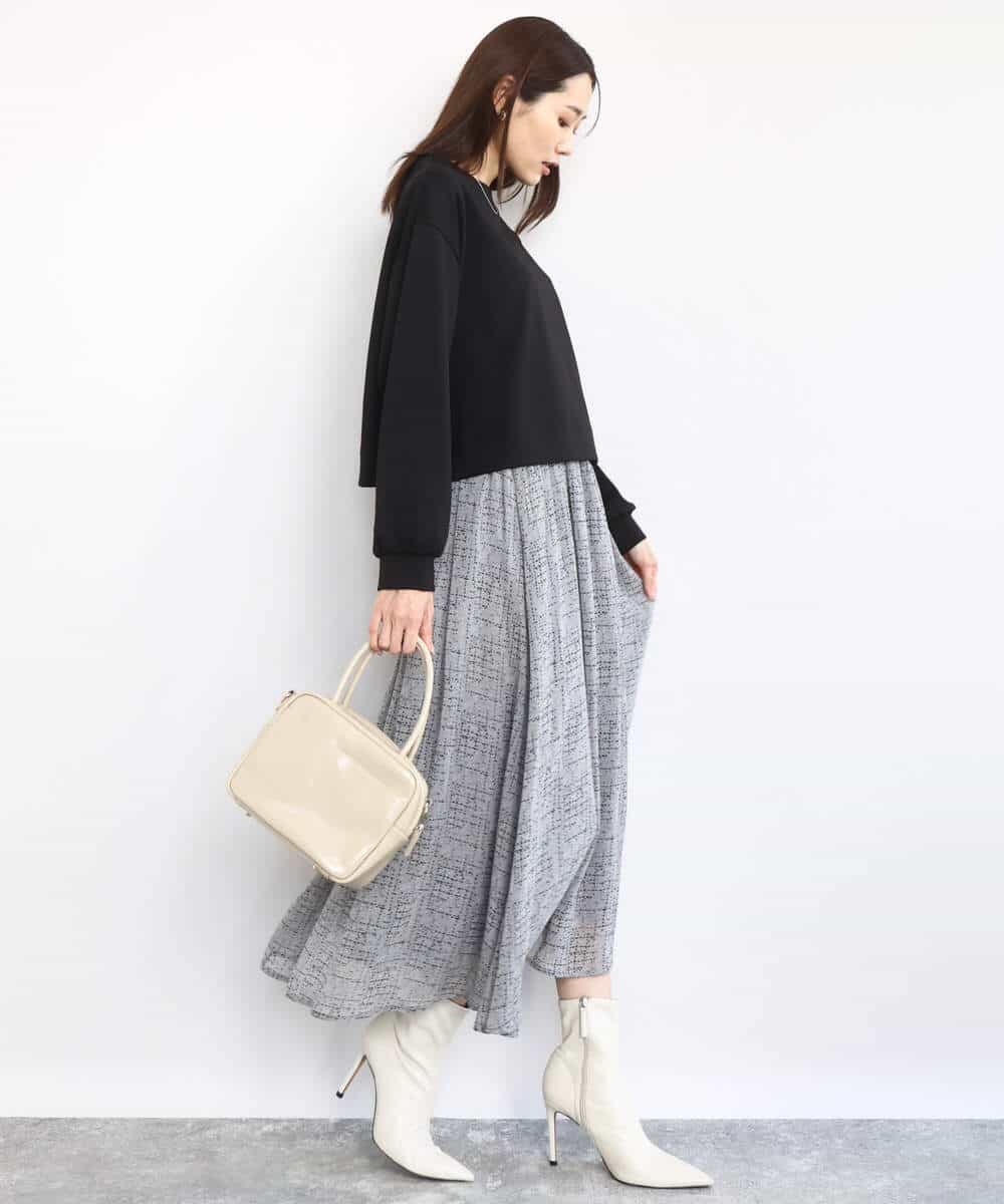 FKHAD05140 MK MICHEL KLEIN(MK ミッシェルクラン) ツイード調チェックプリント シフォンスカート/洗える グレー