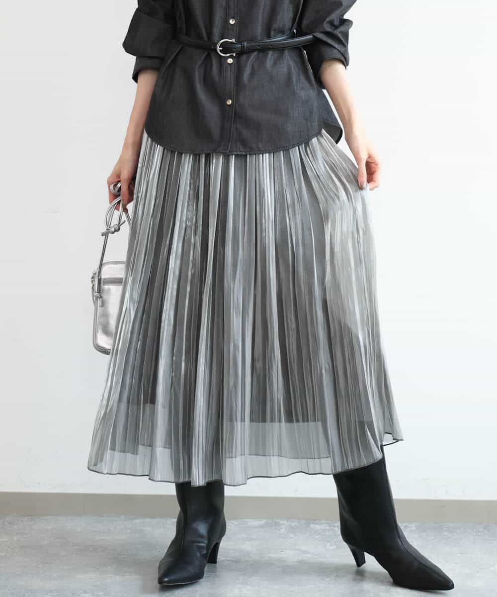 FKHAG56180 MK MICHEL KLEIN(MK ミッシェルクラン) [洗える]シャイニーサテンプリーツスカート グレー