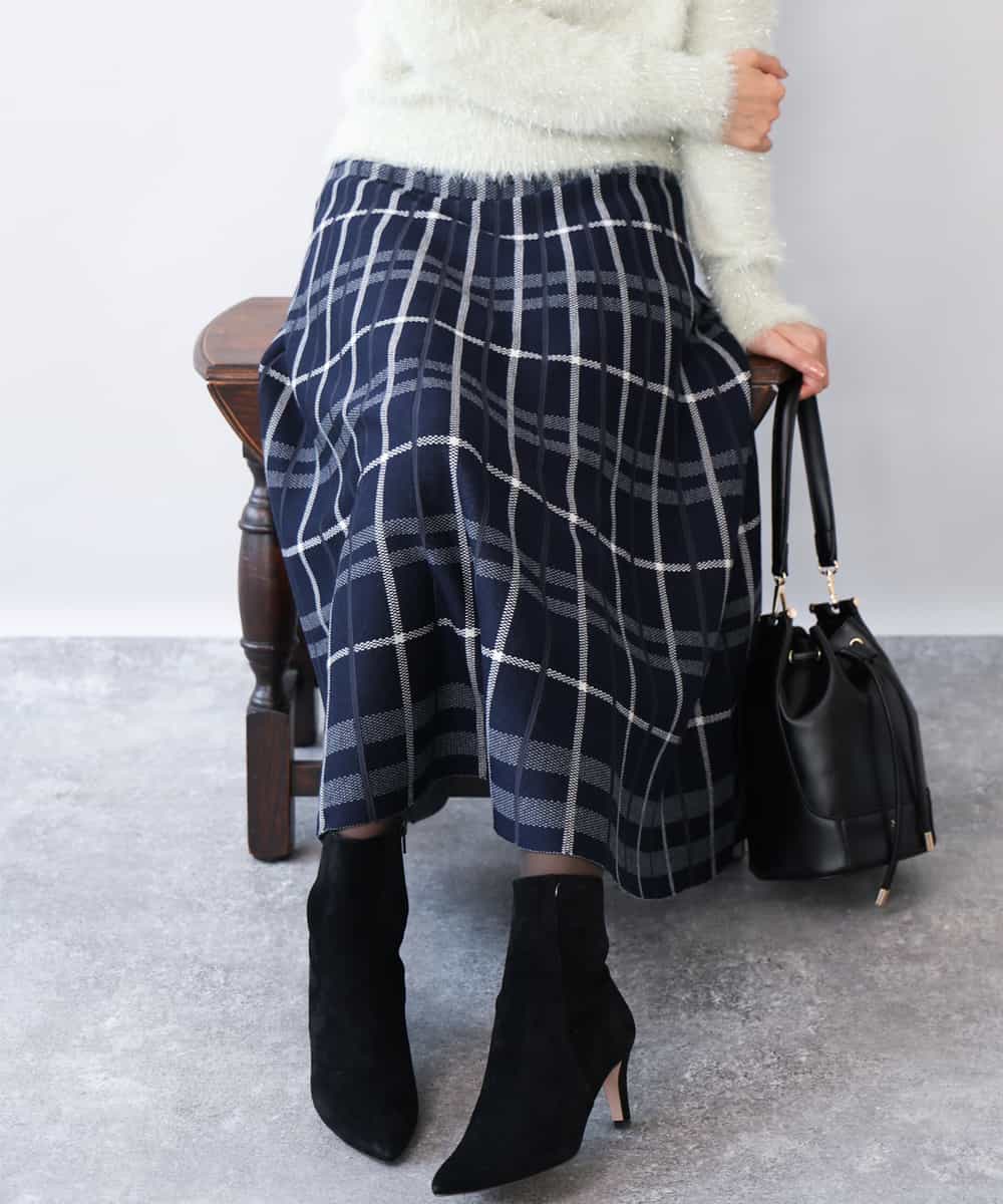 FKHAG58180 MK MICHEL KLEIN(MK ミッシェルクラン) [洗える]バイアスチェック柄プリーツニットスカート ネイビー