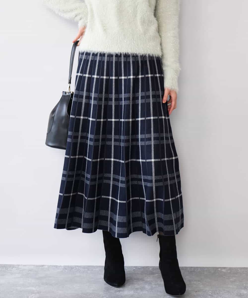 FKHAG58180 MK MICHEL KLEIN(MK ミッシェルクラン) [洗える]バイアスチェック柄プリーツニットスカート ネイビー