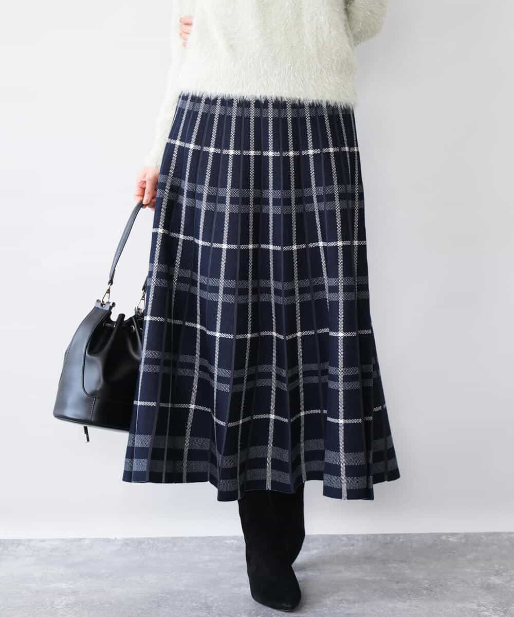 FKHAG58180 MK MICHEL KLEIN(MK ミッシェルクラン) [洗える]バイアスチェック柄プリーツニットスカート ネイビー
