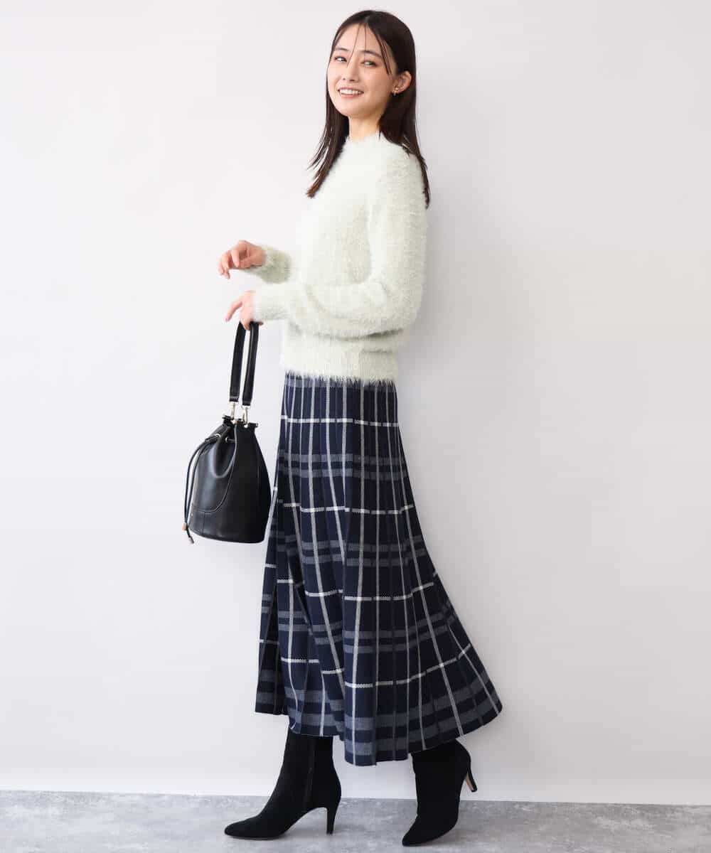 FKHAG58180 MK MICHEL KLEIN(MK ミッシェルクラン) [洗える]バイアスチェック柄プリーツニットスカート ネイビー
